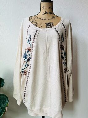 Nurture Cream Embroidered Floral Scoop Neck Sweater